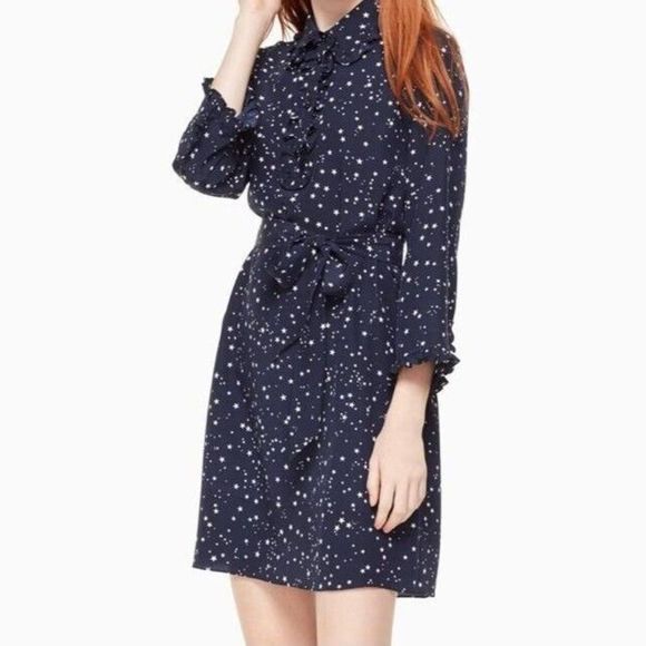 Kate Spade Womens Silk Navy Blue Star 3/4 Sleeve Ruffle Mini Dress Sz XS - Picture 11 of 11